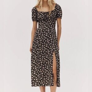H&M Black Midi Dress with Pink Floral Pattern